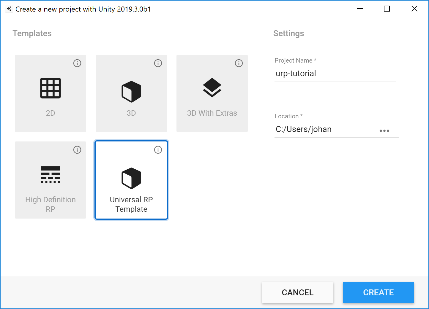 Select the Universal render pipeline template